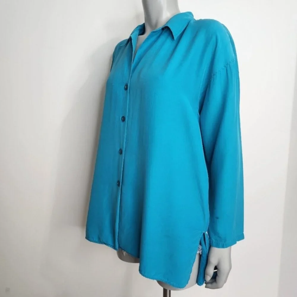 Vintage Expozay Blue Silk Button Down Shirt Size M - Picture 8 of 12